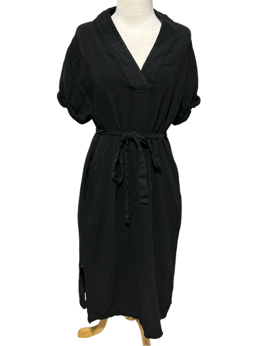 XiRENA Black V-Neck Tie-Waist Midi Cotton Gauze Dress Size Small